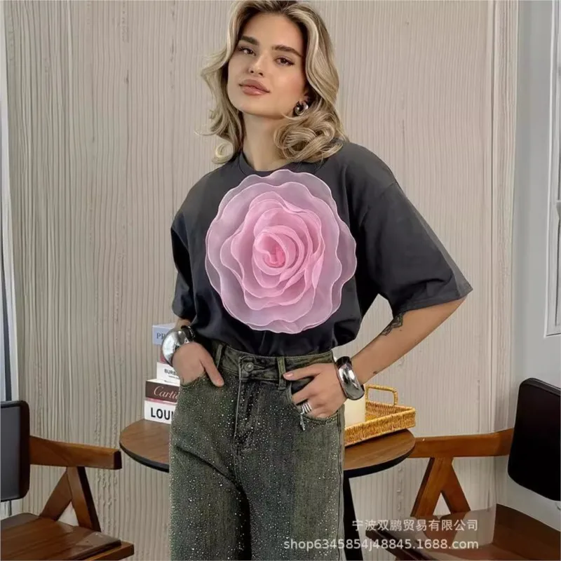 

2024 Fashion 3D Mesh Camellia Flower Women T-shirt Oneck Short Sleeve Loose Female Shirt Spring Summer Ins Style Chic Lady Tops