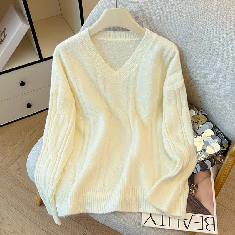 Pull torsadé Vintage à col en v pour femme, manches longues, coréen, décontracté, ample, bas, nouvelle collection automne hiver 2025