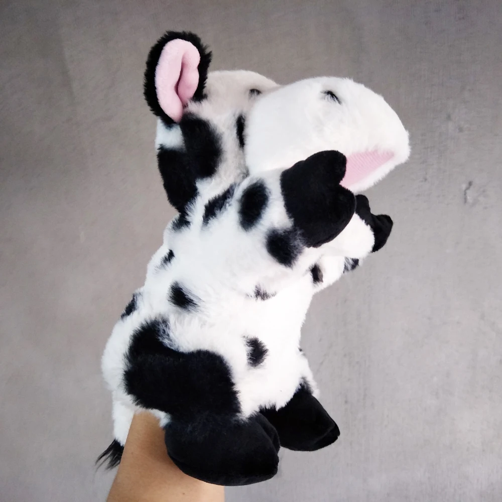 Boerderijdieren handpop melkkoe met open mond gevuld knuffel