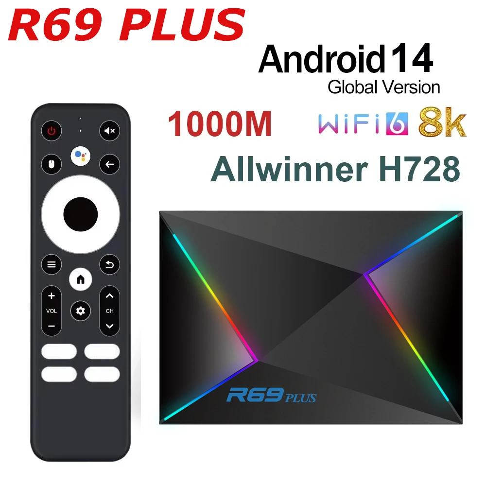 R69 PLUS Android 14 TV Box Allwinner H728 4GB 64GB 4K 8K Video Decoding BT5.X BT 5G Wifi6 1000M LAN Media Player Smart TVBox