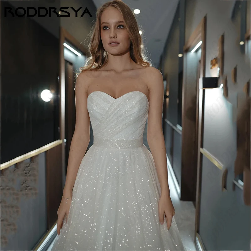 RODDRSYA Dresses Sparkle Sparkle Tulle gaun pernikahan putri romantis tanpa tali A-line pesta pengantin ilusi renda kembali