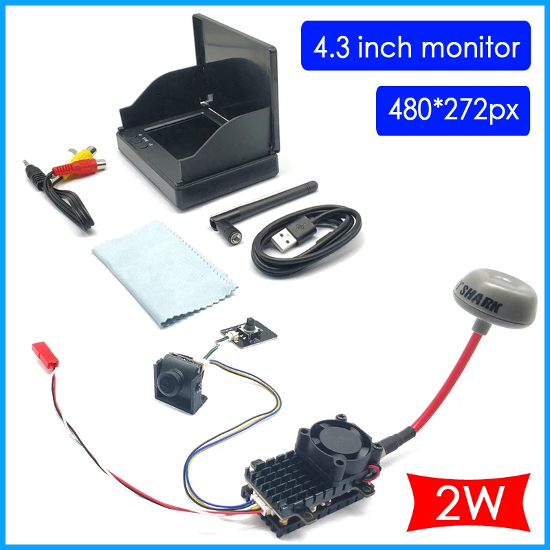 Over 20Km Range 5.8Ghz 2W FPV Wireless Transmitter and CMOS 1200TVL fpv camera 2.1mm lens with 4.3 inch fpv monitor for RC Part