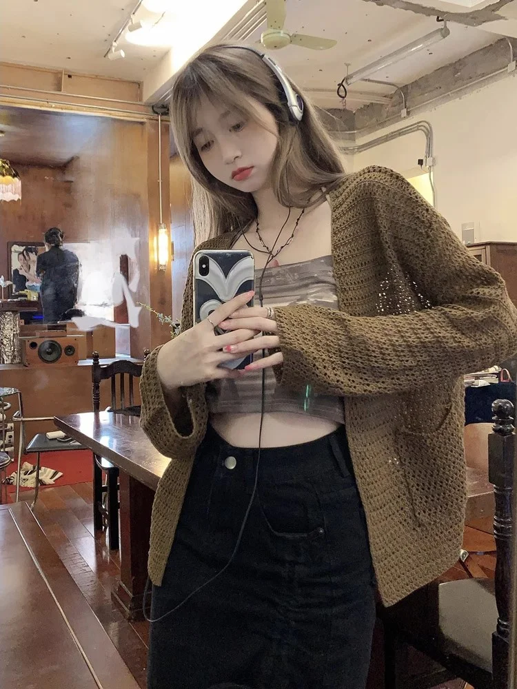 

Vaion Sle Loose Knitted Light Weight Sun Protection Cardigan Hollow out Design Summer Casual Loose Top Outerwear