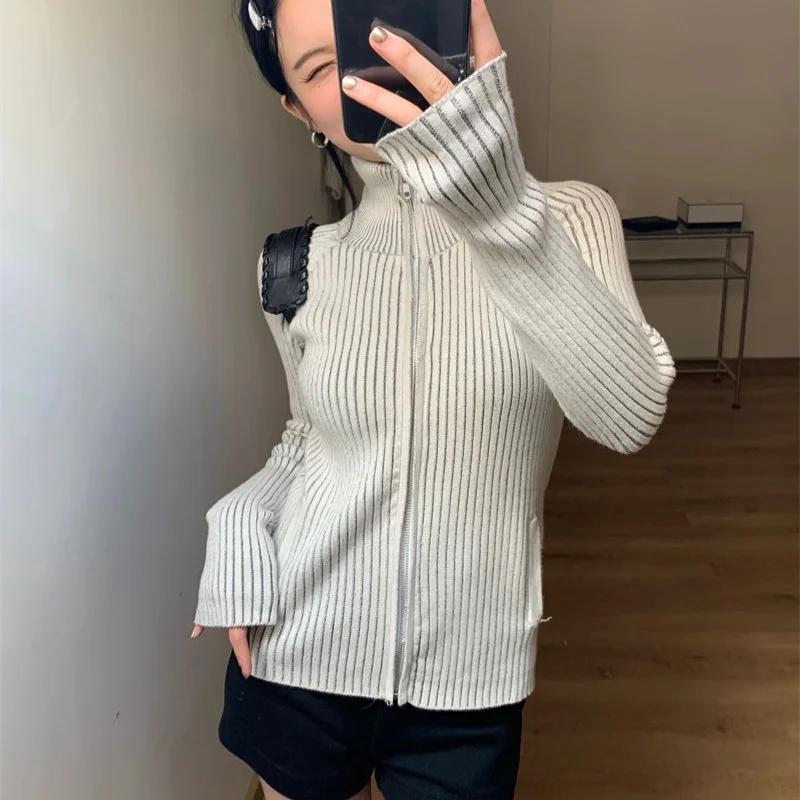 Deeptowm Grey Striped Women Sweater Y2K Retro Turtleneck Korean Fashion Zip Up Knit Cardigan Harajuku Autumn Slim Streetwear