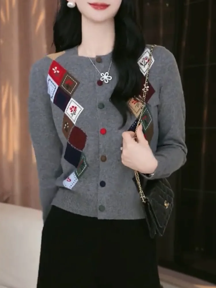 

Korean Sle Vintage Diamond Knitted Open Cardigan Autumn New Arrival plus Size Versatile Agel Long Sve Warmth Emitting...