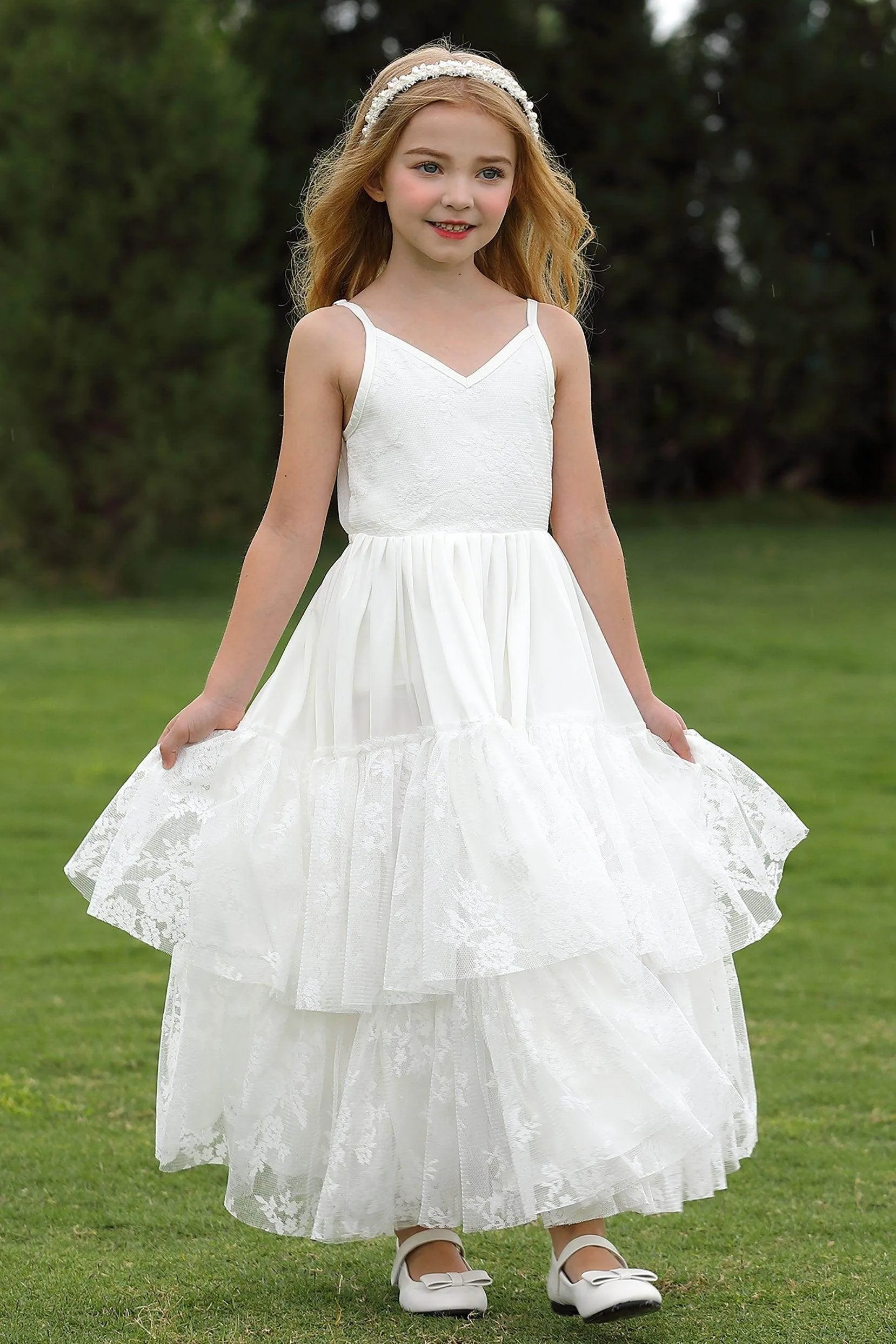 Girls wedding flower girl dress, lace V-neck suspender princess dress, multi-layered ruffle dress, wedding party communion dress