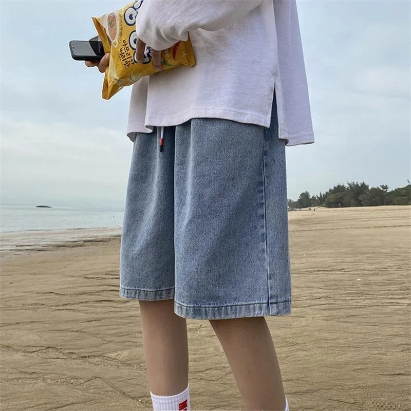 Loose Men's Denim orts Thin Casual Straight Leg Five-Point Big Pants Summer Faion Pants Low Waist Dstring Closure