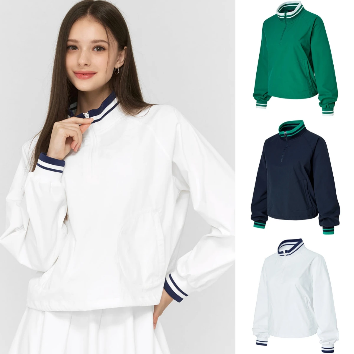 Women Half Zip Tennis Top Striped Rib Stand Collar Long Sleeve Sports Jacket Loose Windproof Pullover Golf Badminton Outerwear