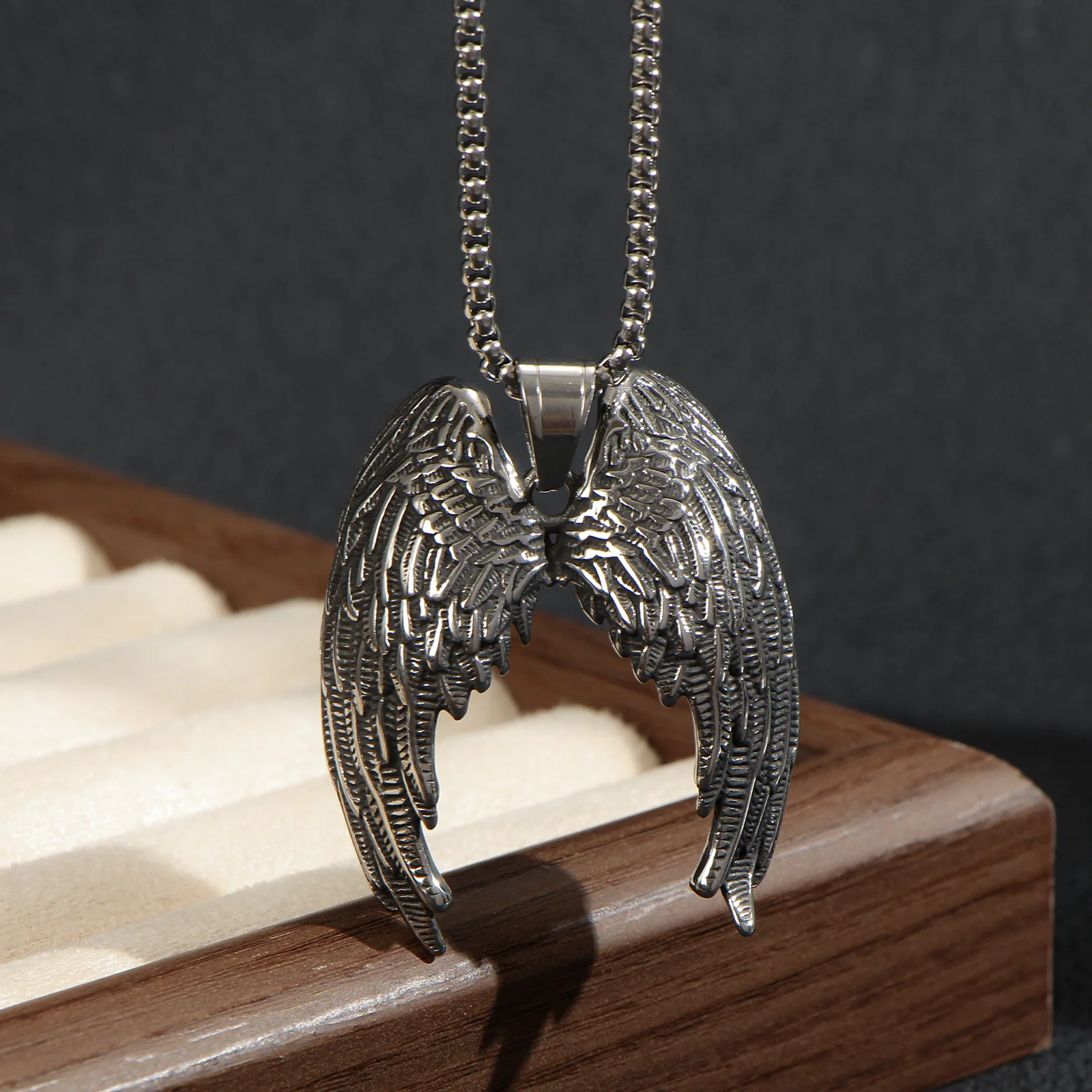 LNCHRAN Men 316L Stainless Steel Fallen Angel Double Wings Pendant Necklace Box Chain Gothic Vintage Jewelry Gift