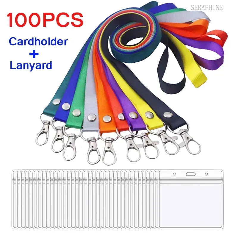100 Pcs Safety Hanging Neck Strap Lanyard and Card Case ID Transparent Name Badge Holder Anti-lost Clasp Rope Keychain Landyard