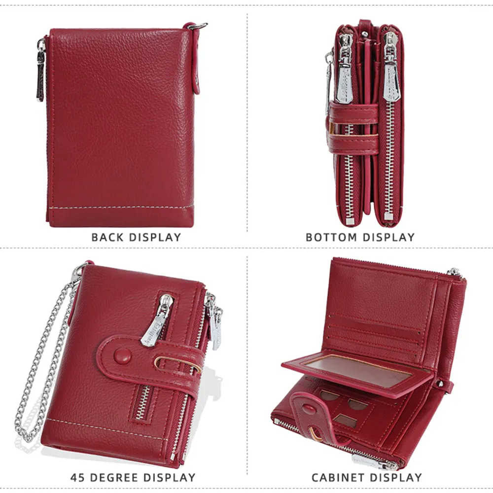 새로운 고품질 여성 짧은 지갑 더블 지퍼 동전 주머니 여성 지갑 신용 카드 소지자 체인과 여성 지갑