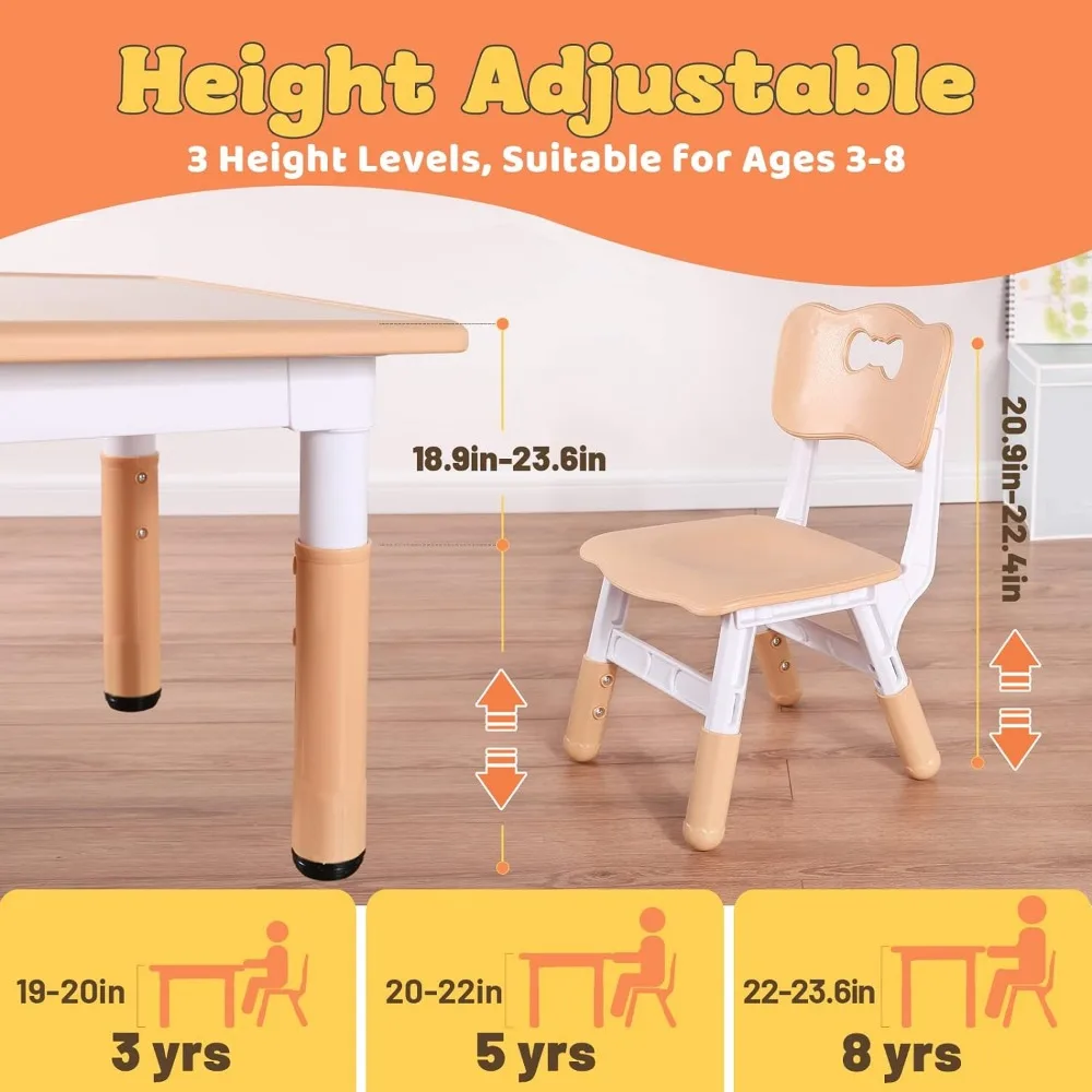 Kindertafel En 4 Stoelen Set, In Hoogte Verstelbare Peutertafel En Stoelset Voor Kinderen Van 3-8 Jaar, Gemakkelijk Af Te Vegen Kunst