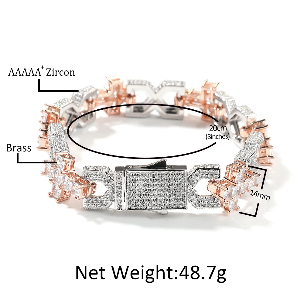 UWIN X Cross Shape Link Chain Bracelets for Men 14mm 2 Tone Baguettecz Cubic Zircon Bracelets Hip Hop Jewelry for Father's Day