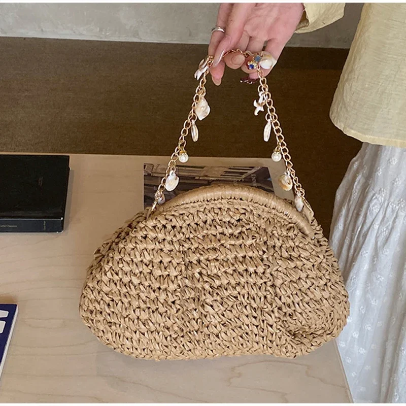 Metallkettenriemen Stroh Gewebte Umhängetasche, Muschel-Dekoration Damen Abendtasche Elegante Clutch, Sommer Strand Chic – Detail 10