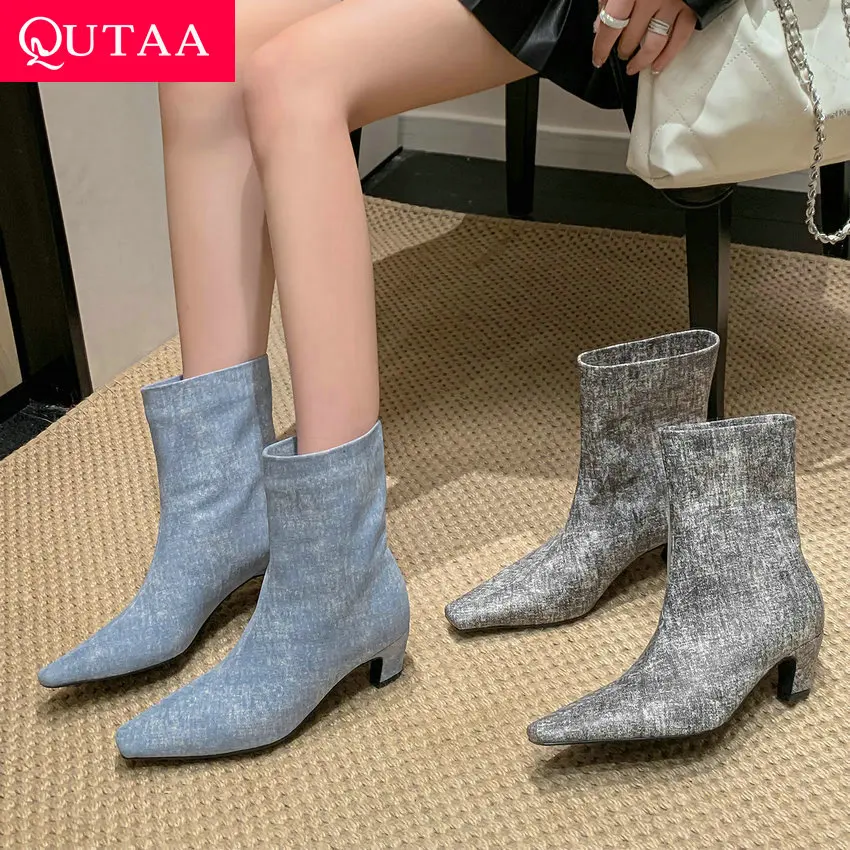 QUTAA 2024 Autumn Winter Women Ankle Boots Pointed Toe Shoes Woman Thin Med Heels Genuine Leather Office Lady Basic Size 34-39