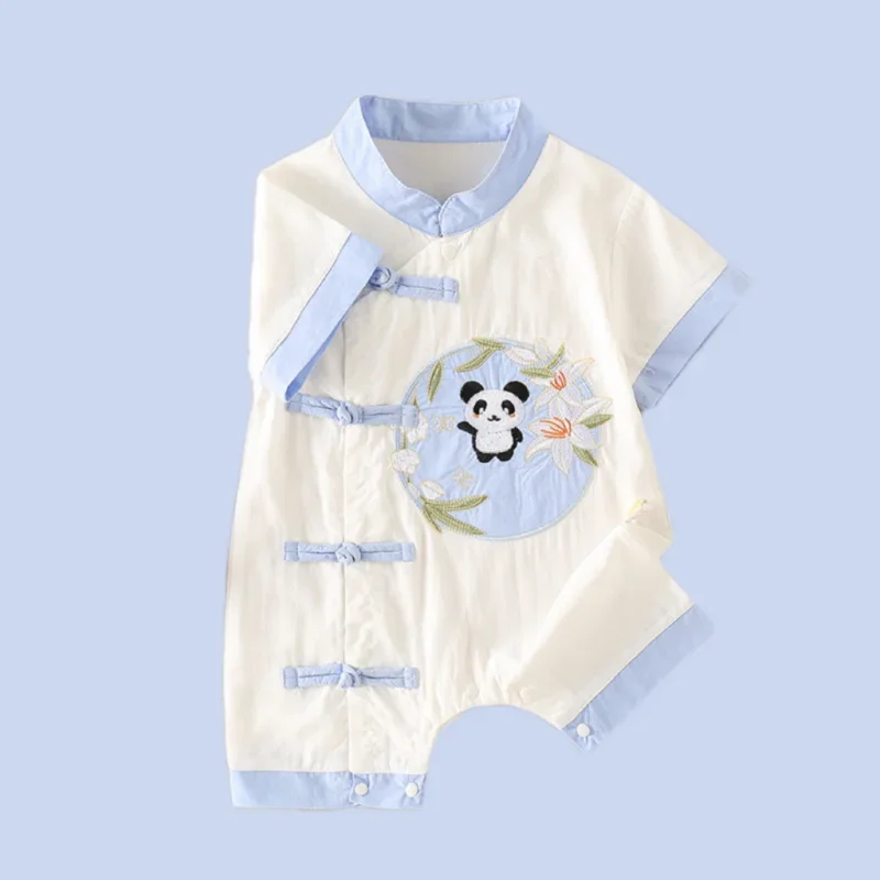 2023 Summer Cotton Baby Jumpsuits Boys Chinese Style Panda Short Sleeve Tang Suit Bodysuit Newborn Rompers 1st Birthday Gifts