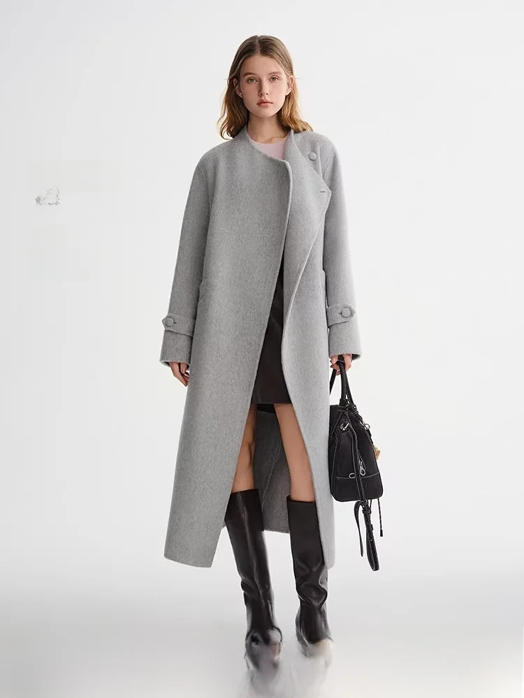 

Ele Simple One-Button Woolen Coat plus Size Women's Premium Design Cloudy Coat Long Sve Mid-Length Pure Color