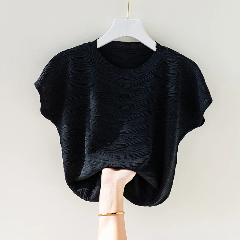 Cseta Hoada de Manga Corta de Seda Helada para Mujer, Estilo Nuevo de Verano, Cuello Redondo, Estilo Murciélago, Efecto ...