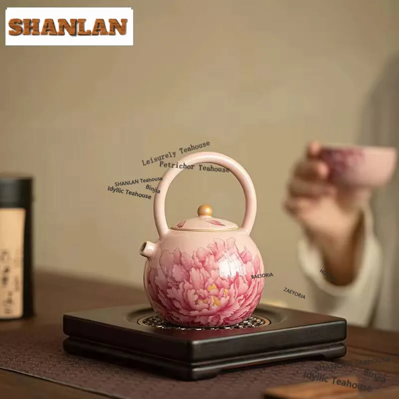 250ml Ru Kiln Ceramic Tea Pot Creative Peony Loop-handled Teapot With Filter Zen Pot Tea Brewing Kettle Tea Services Ornaments