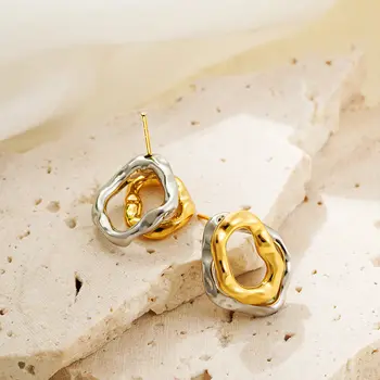 幾何造型不鏽鋼金銀色雙層耳釘,女士不規則金屬質感時尚首飾禮品 8 最佳銷售 極簡耳環 - №8