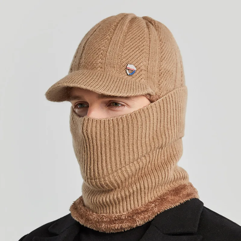 Gorro con orejeras para hombre, bufanda de forro polar y gorra de béisbol de punto, capucha de hilo de lana de una pieza, máscara de polaina para el