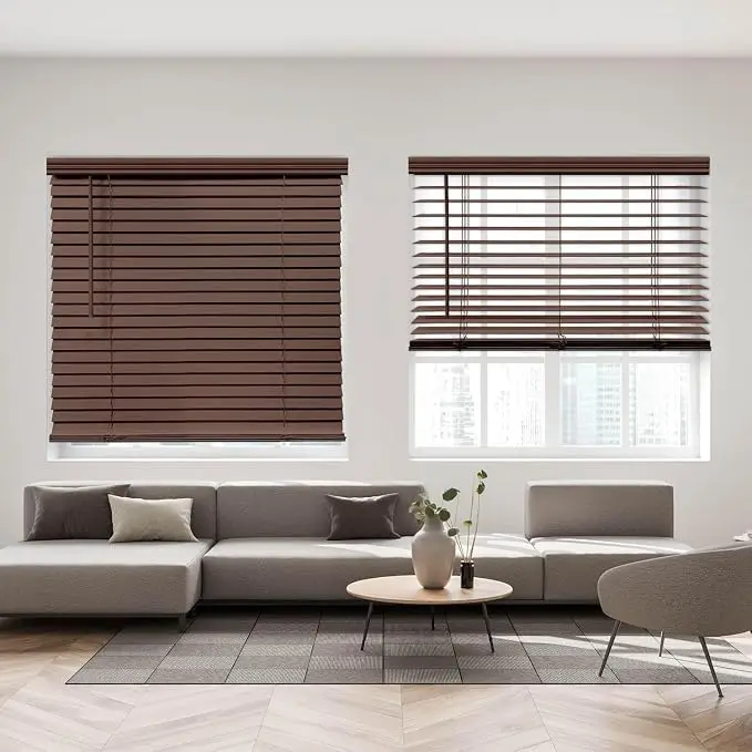 Brown Spring-Operated Mnual Wooden Blinds Light Adjustable Child Safe Waterproof  Shades Moisture-proof For Residential Rooms
