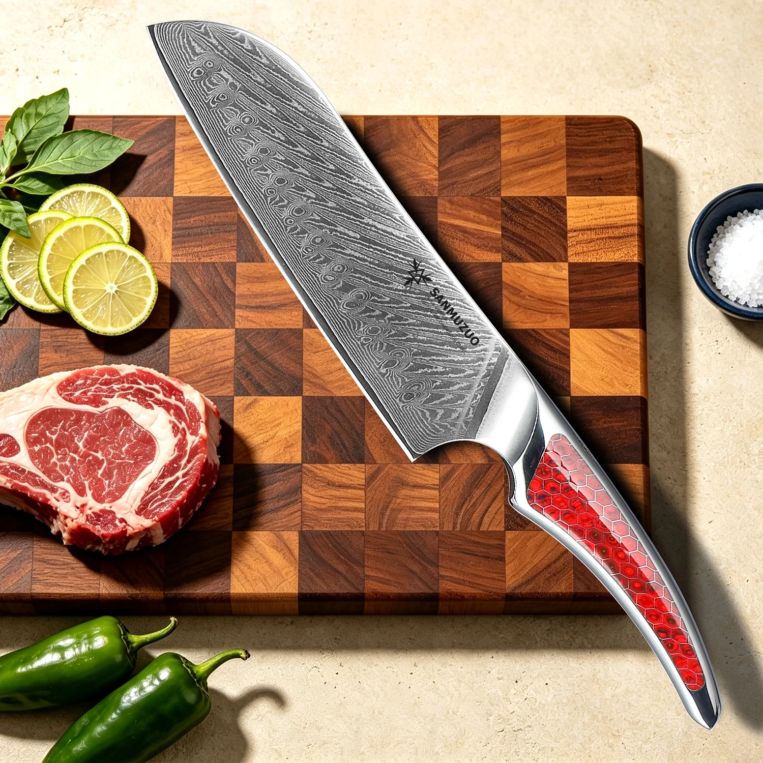 SANMUZUO LAS9 Series 7 Inch Santoku Knife‑Damascus Steel Razor Sharp Kitchen Knife‑All‑Purpose Chef Knife for Meat Vegetable Fruit‑Non‑Slip Comfort Resin Handle