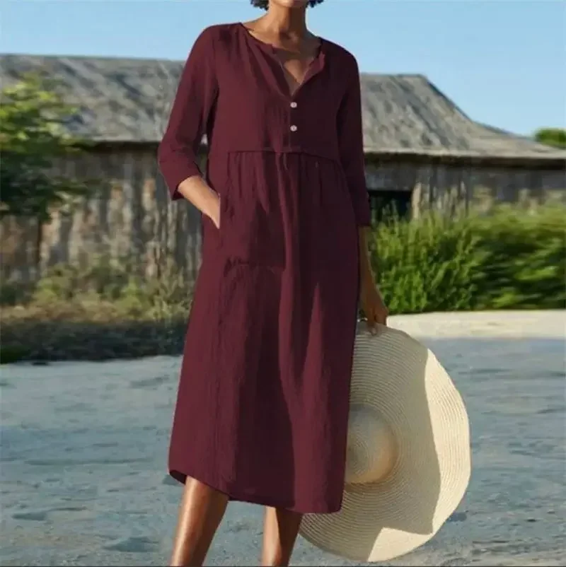 Women Single-breasted Half-open O Neck Dresses High Waist Double Pockets Half Sleeve Dress Female Loose Cotton Linen Casual Gown