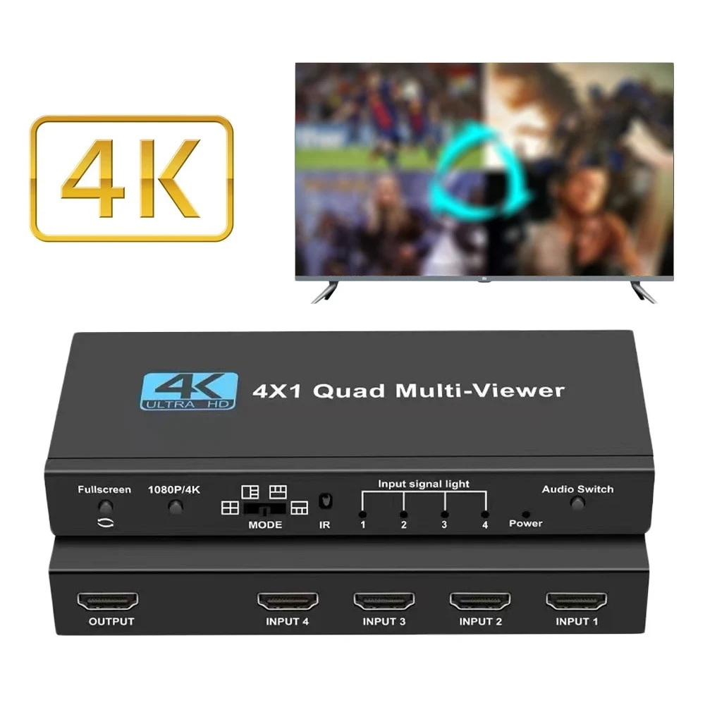 HDMI-Compatible Multiviewer Switch Quad Seamless Switcher 4 In 1 Out Support 4K 30Hz View Modes For PS4 Camera PC To TV Monitor