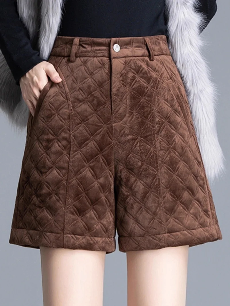 

Замшевые шорты в стиле ретро для женщин, осенне-зимний новый стиль, высокая талия, широкие брюки, повседневная верхняя одежда, ботинки, брюки W1775