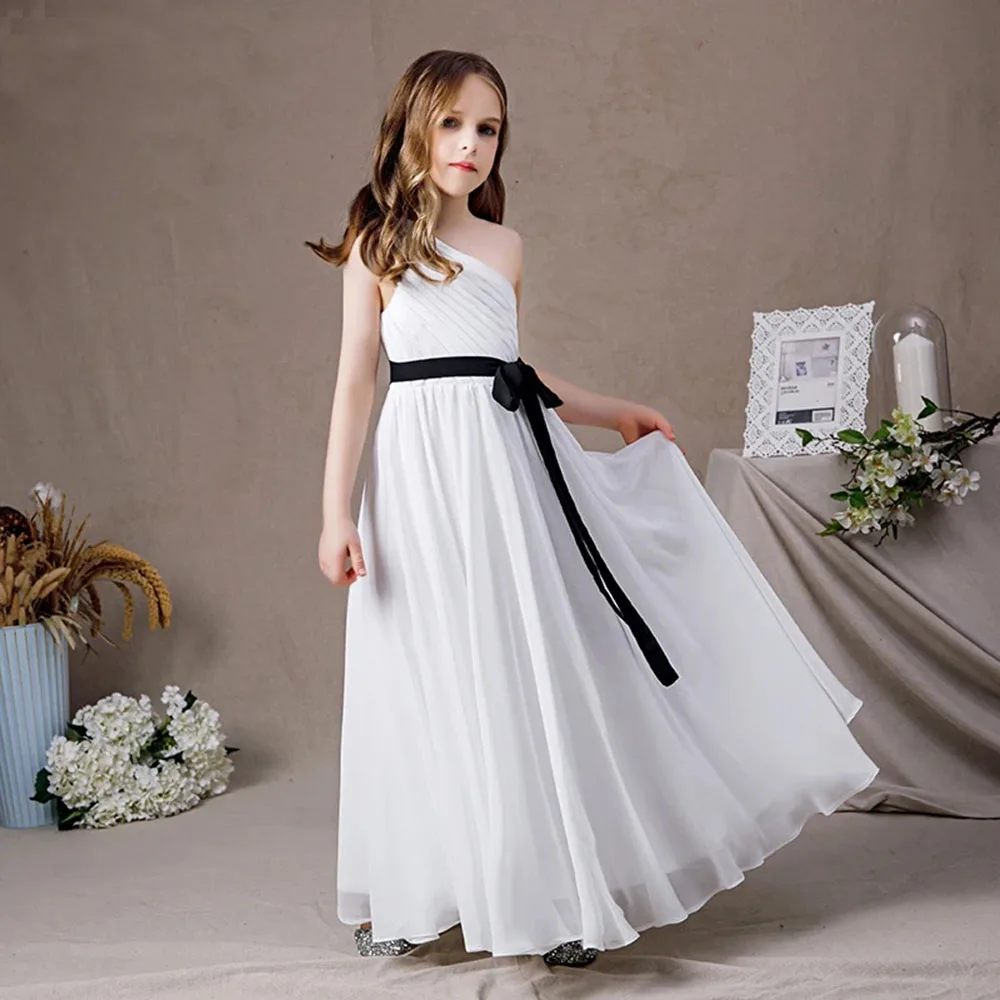 KYDYNQJ White Chiffon One Shoulder Flower Girls Dress Kids Birthday Party Junior Bridesmaid Gown First Communion