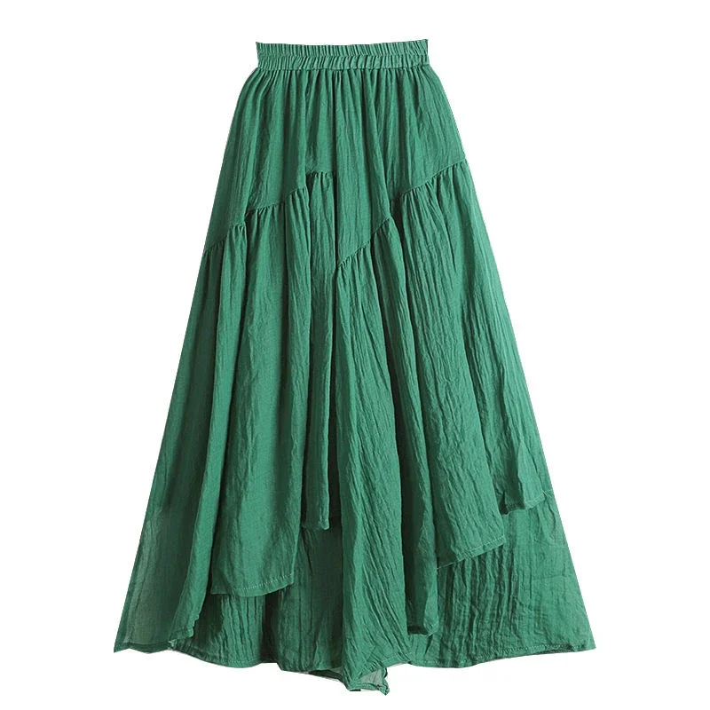 Saia elástica irregular de cintura alta feminina, vintage, fina em linha A, elegante, comprimento médio, verde, casual, novo, verão, 2024