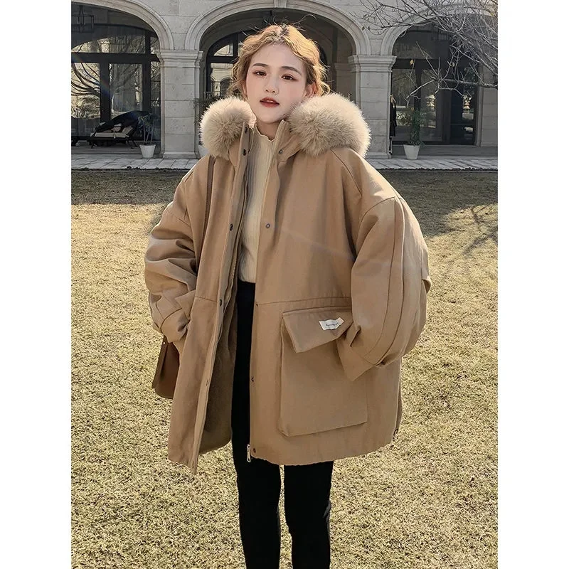 2023 New Winter Korean Pop Overcomes Women's Mid length Plush Thickened Coat Cotton Coat Warm Cotton Coat Women Commuting P187