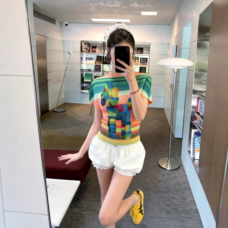 

Miyake Pleated Print T-Shirt 2026 Short Sleeve Women's Summer Thin Elegant Versatile Stretch Slim Fit Stand Collar Print Top