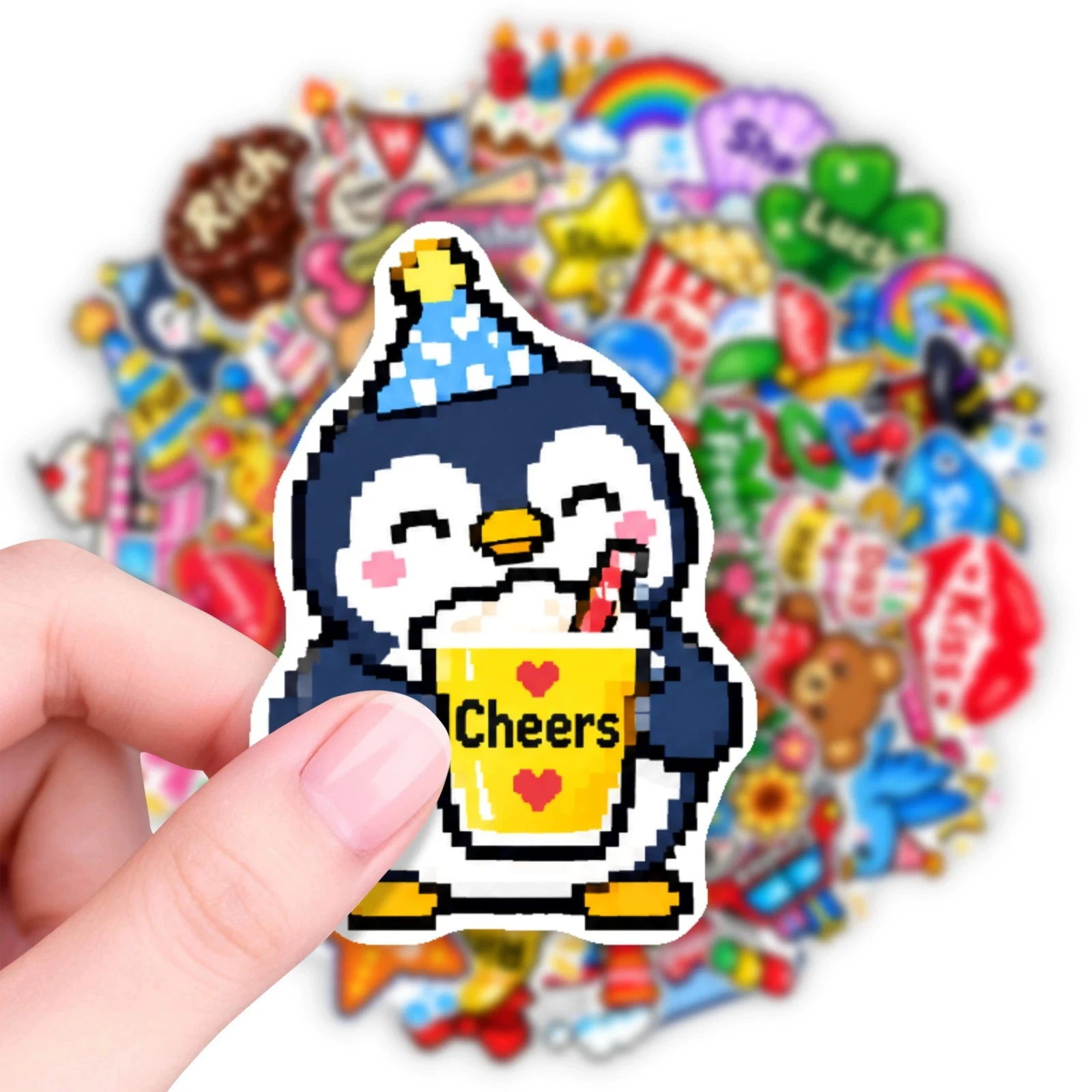 50pcs Pixel Style Birthday Party Stickers Retro Cake Gift Cute Animal Waterproof for Notebook Phone Case DIY Decor