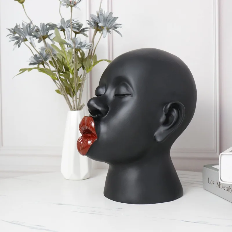 Interesting Modern Black and Red Lips Desktop Female Character Portrait Sculpture Home Decoration Resin Crafts Ornament