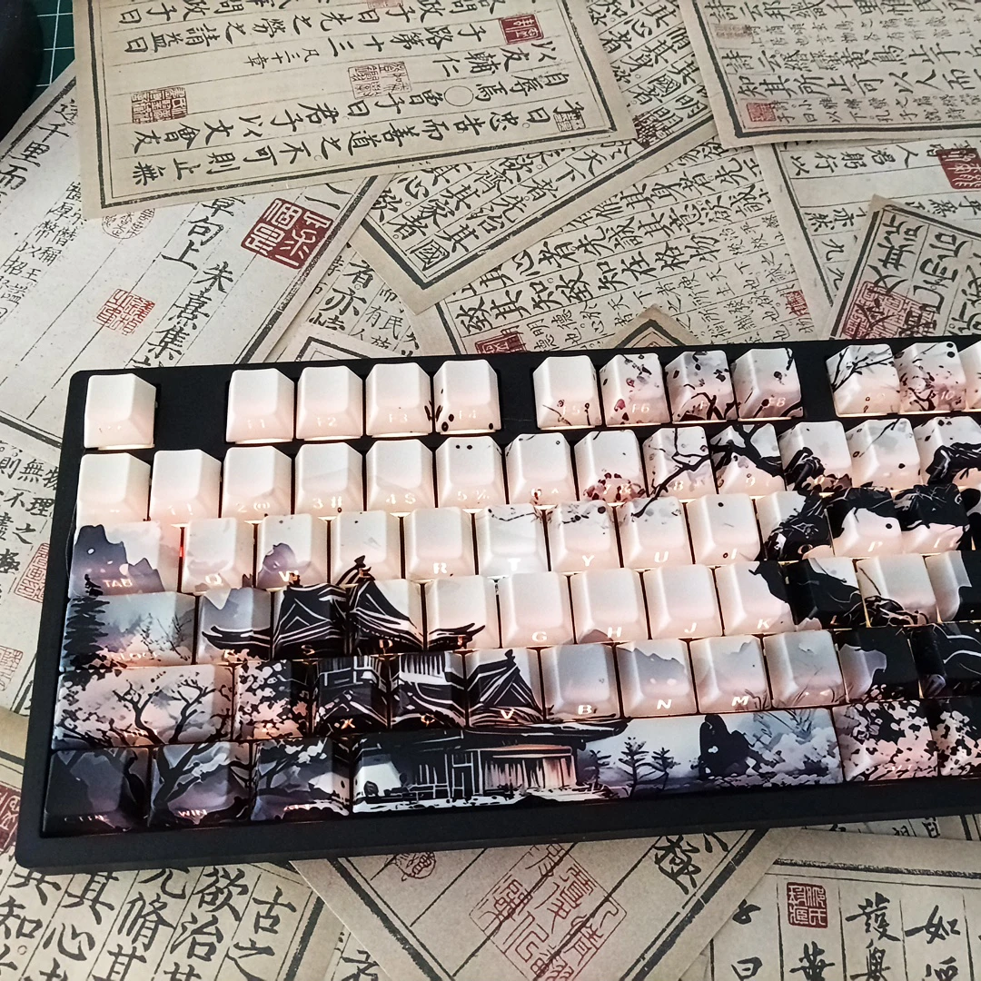 129 Keys 5 Sides Dye Sub PBT Keycap Set Moon Night Cherry Profile Side Printed Shine Through Keycaps for MX Switches Keyboard