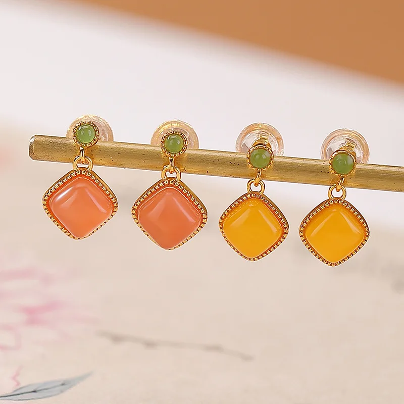 S925 Sterling Gold-Plated Red Agate Amber Rhombus Earrings Elegant Square Silver Ear Jewelry