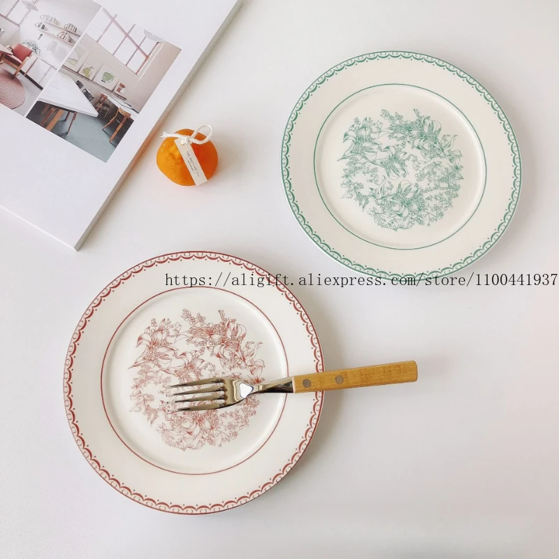 

Korean Ins Green Lily Valley Dessert Plate Ancient French Flower Retro Western Dinner Plate