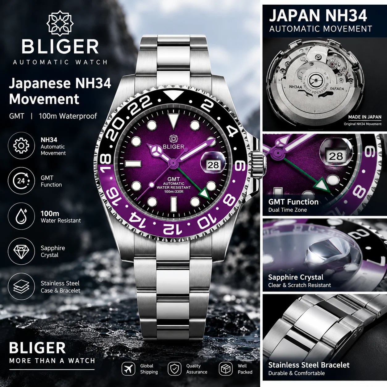BLIGER 40mm Men's GMT Function Automatic Mechanical Wristwatch Sapphire Crystal Stainless Steel Waterproof 100m Men Sports Watch