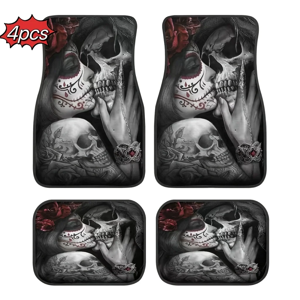 

4pcs Beauty & Skull Design Car Floor Mats - Front & Rear Seat Protection | All-Weather Polyester Auto Interior Accessories,gift