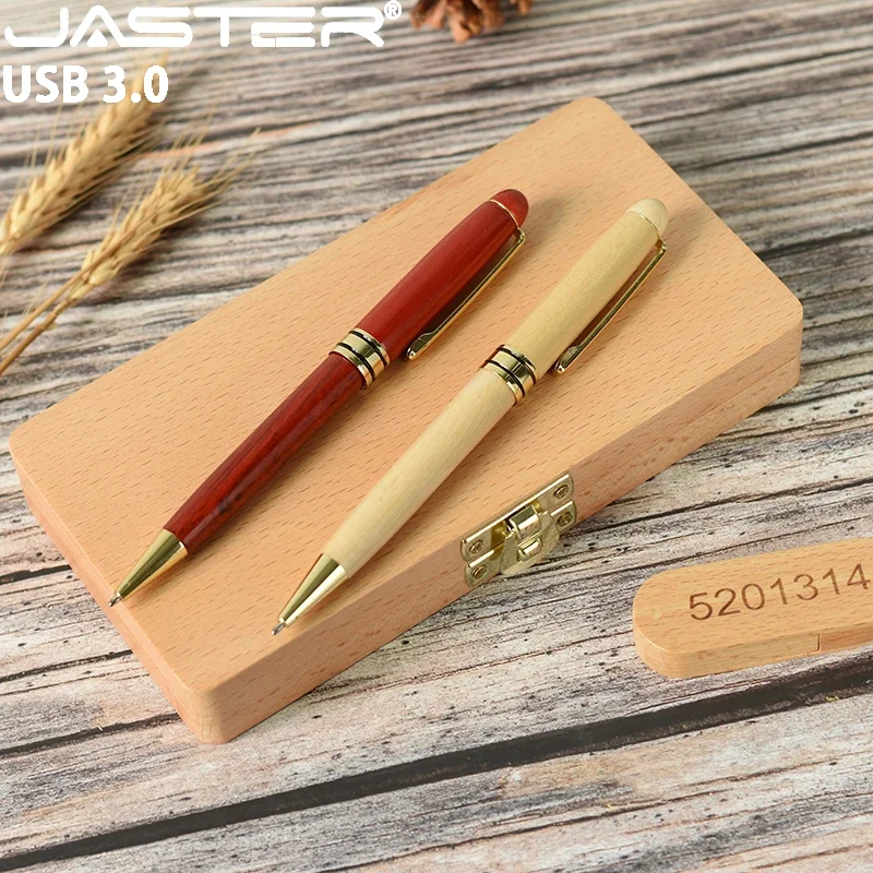 JASTER USB 3.0 flash drive Beech Business gift box Pen drive Ballpoint Memory stick Wood Pendrive Free Custom logo U 128GB 64GB