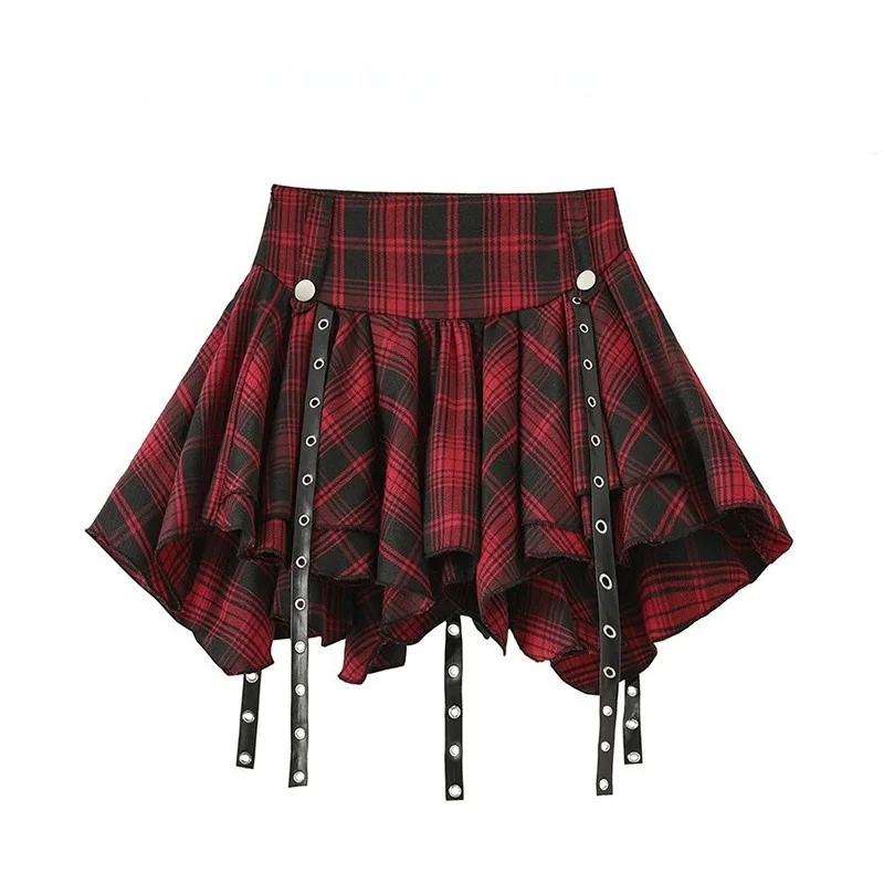 Punk Plaid Mini Skirt Irregular Handkerchief Hem with Hanging Straps Women Teenage Girl Y2K Grunge Outfit