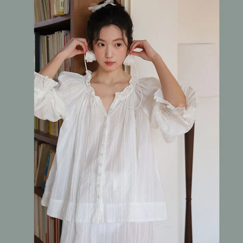 Women Light-Weight 100% Jacquard Cotton Pajamas White Full Sleeves Loose Full Sleeves Pyjamas Long Pants Two-Pieces Sleepwear
