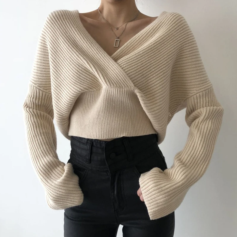 Chic Herbst Winter Retro Sle frauen Gestrickte Pullover Tiefem V-Ne Kreuz Lange Sve ort Länge Faionable Und Sexy