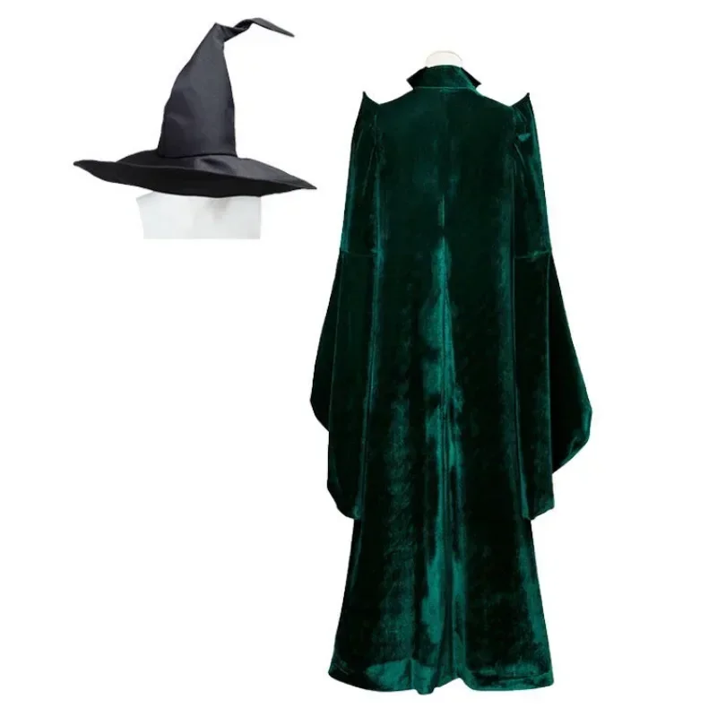 Professora Minerva McGonagall Traje Cosplay, Vestido da Escola de Bruxaria, Manto Verde, Veste de Veludo, Trajes de Halloween