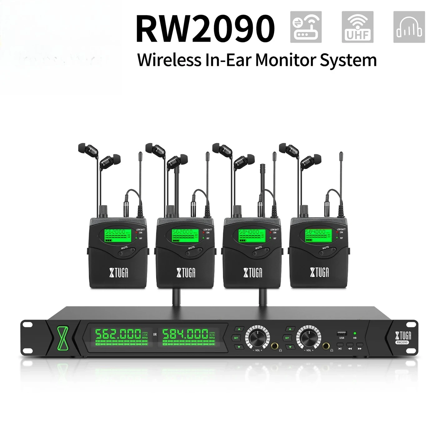 Sistema de Monitoreo Inalámbrico Profesional UHF RW2090 para Escenario, 1 a 4 Auriculares In-Ear, Sistema Inalámbrico para Actuaciones de Bandas en Escenario