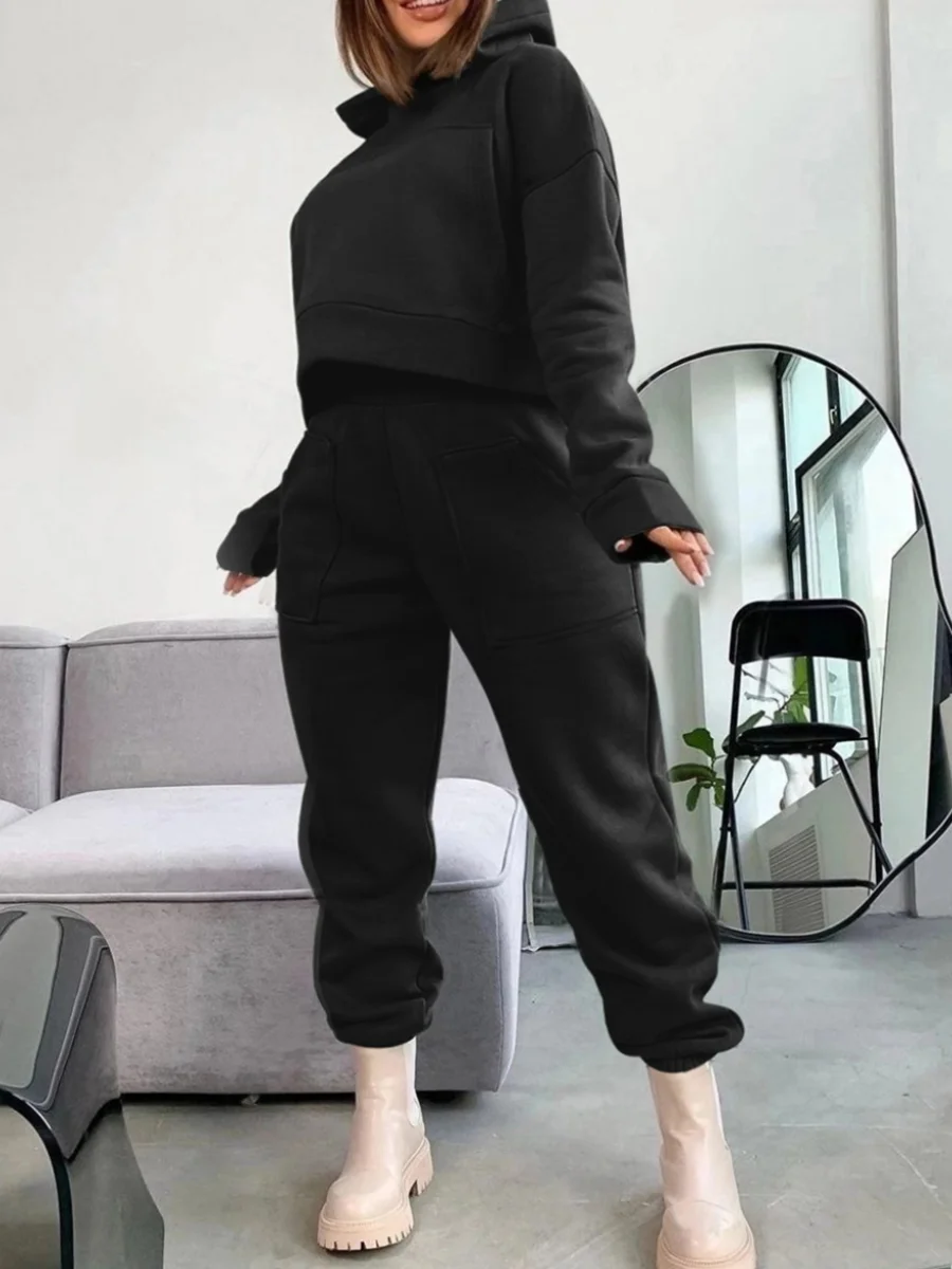 LW BASICS Plus Size Hooded Collar Regular Fit Tracksuit Set Casual Matching Suit Long Sleeve Plain Two Pieces Outfit for Women