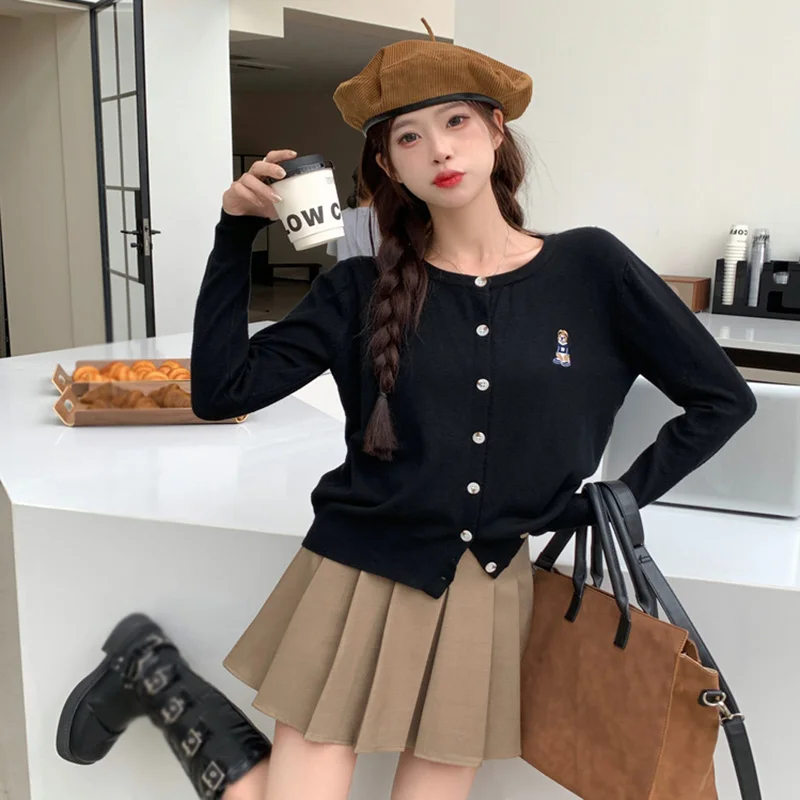 Simple Lazy Style Casual Cardigan Solid Color Round Neck Slim Fashion Retro Korean Version Long Sleeve Spring Autumn Top