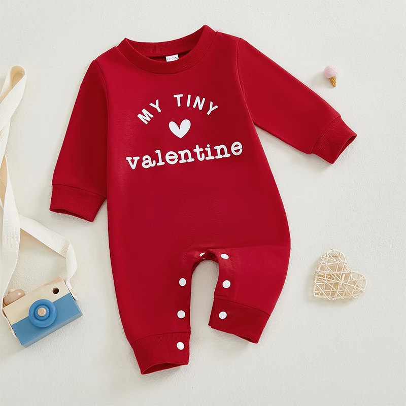 Valentine s Day Baby Romper with Heart Print Long Sleeve Crew Neck Jumpsuit for Infants Full Length